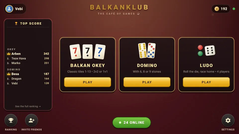 The BalkanKlub lobby with the Okey, Domino and Ludo tables and the Top Score rankings